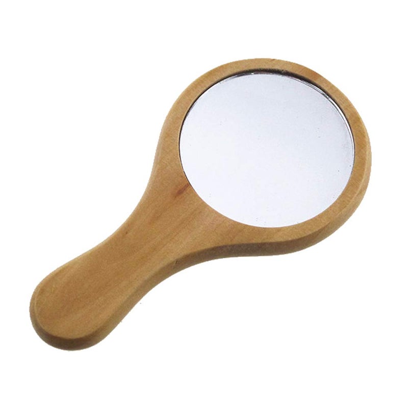 lasenersm 1 Piece Mini Portable Wood Makeup Mirror Handmade Portable Handle Round Cosmetic Mirror with Single Handle Personal Vanity Cosmetic Wooden Handheld Mirror, 7.1x 13.5cm - Image 1